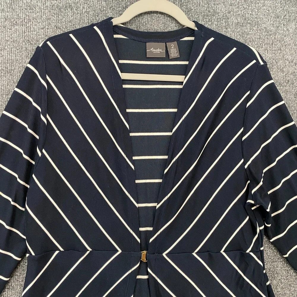 Chicos Travelers Cardigan 2 Womens L Blue Striped Slinky Duster Travel Preppy‎